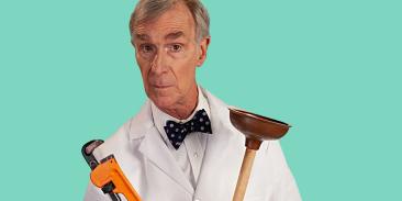 Bill Nye holding a wrench in one hand and a plunger in the other.