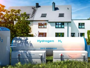 Hydrogen storage and solar panels in front of a building.