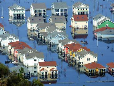 An overhead shot of flooded homes