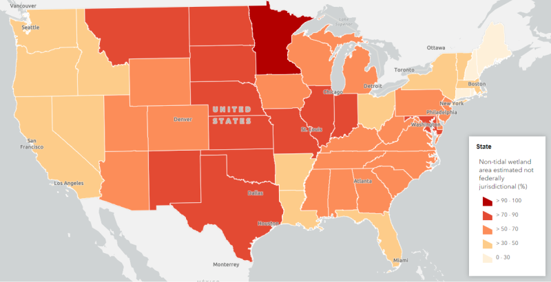 EDF map showing preliminary analysis of the percentage of wetlands potentially at risk of losing federal protections following a 2023 Supreme Court decision in a scenario where wetlands that flood seasonally or more often would be protected by federal law